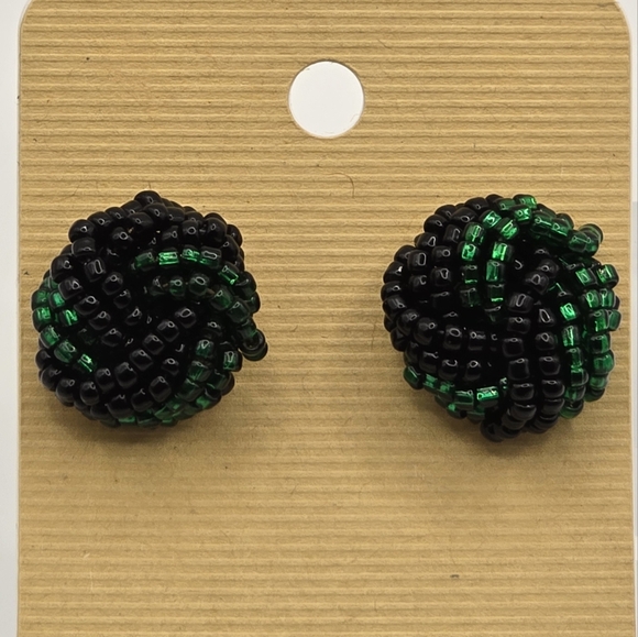 Vintage Emerald Green Black Beaded Knot Stud Earrings Boho Studs Seed Bead - Picture 2 of 5